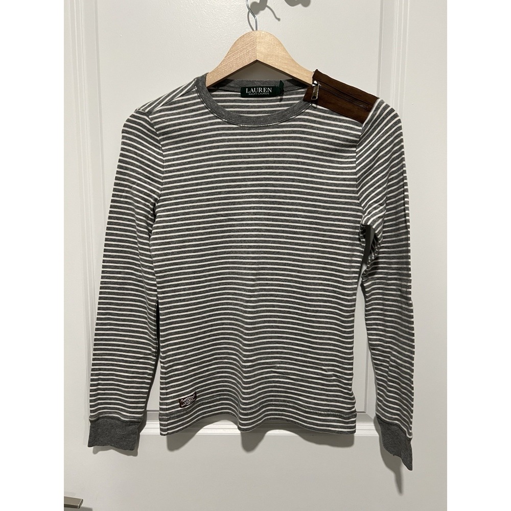 Lauren Ralph Lauren Womens Striped Cotton Leather Patches Zip Shoulder Top Sz M‎